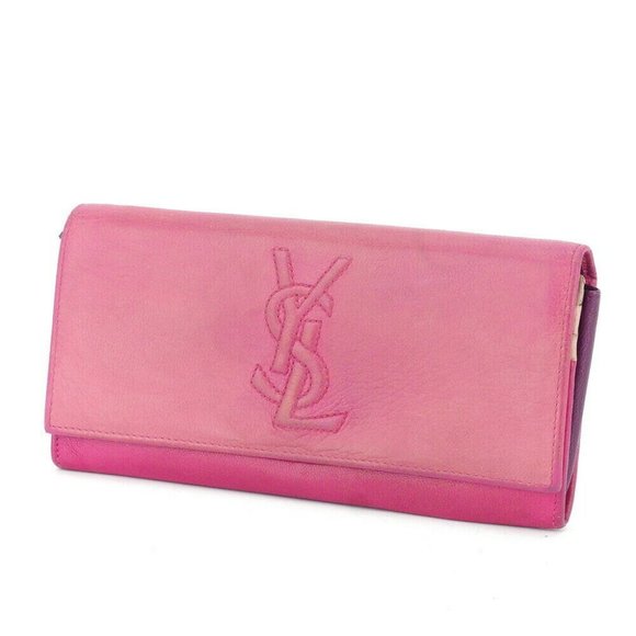 Auth Saint Laurent Long Wallet YSL Logo Pink Leather - Picture 1 of 9